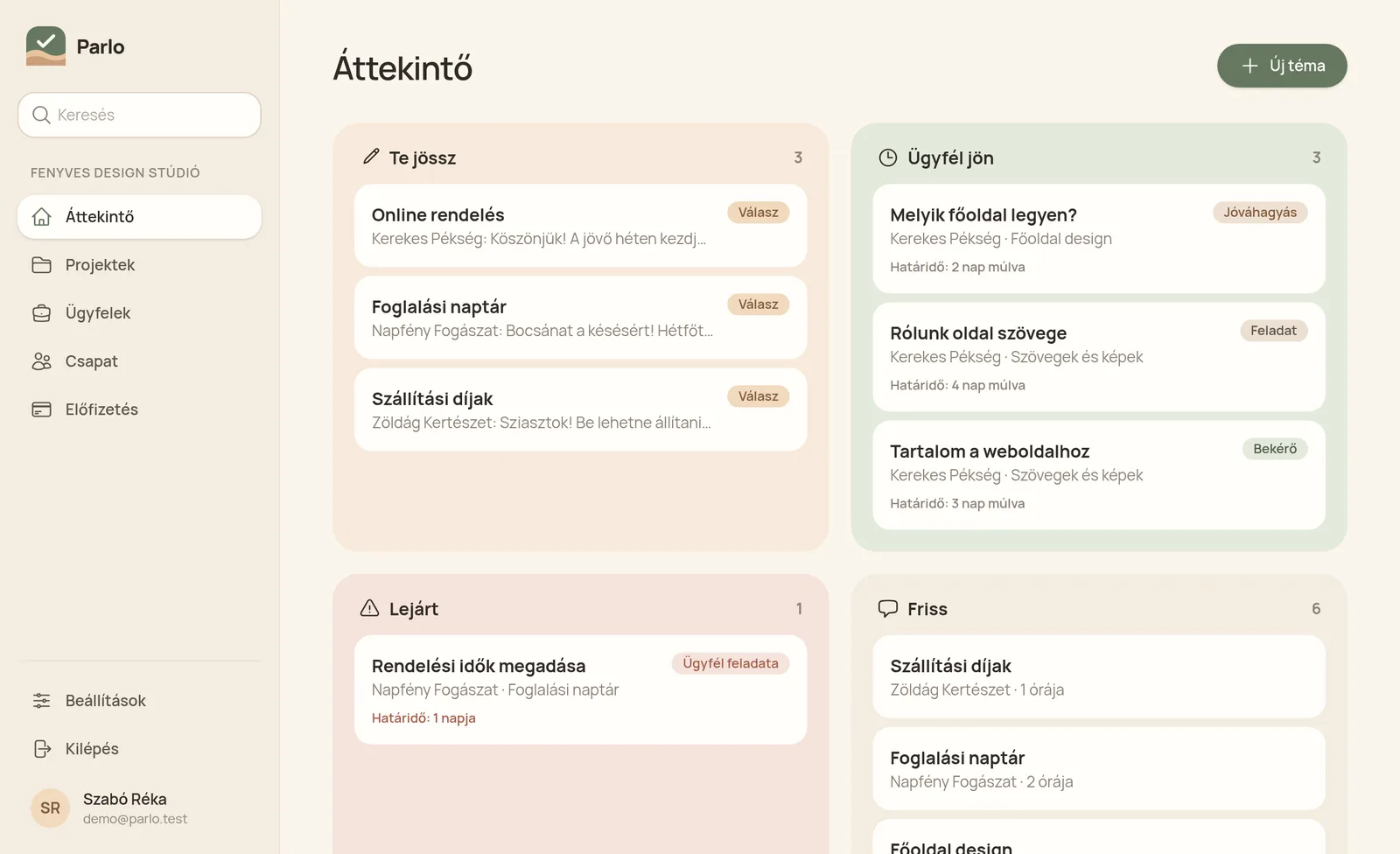 Az áttekintő: Te jössz, Ügyfél jön, Lejárt és Friss oszlopok