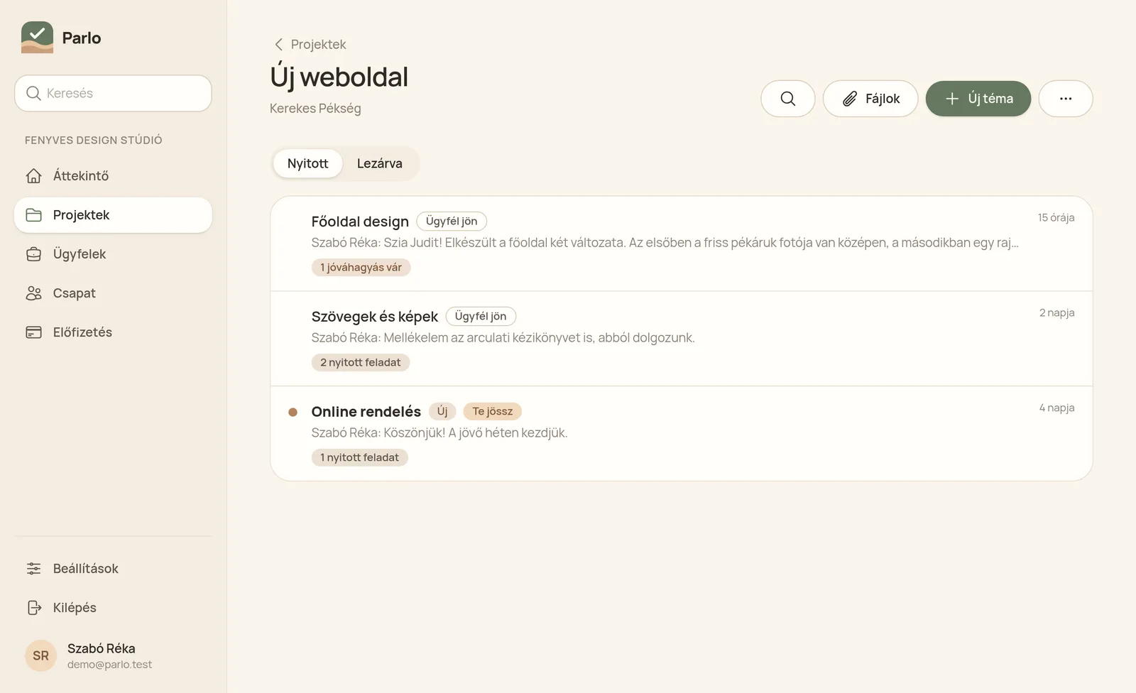 Egy projekt témái, mindegyiknél jelezve, kire vár
